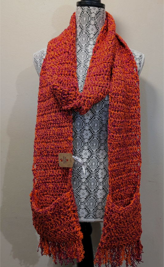 Long Pink and Orange Scarf with Pockets and Fringe