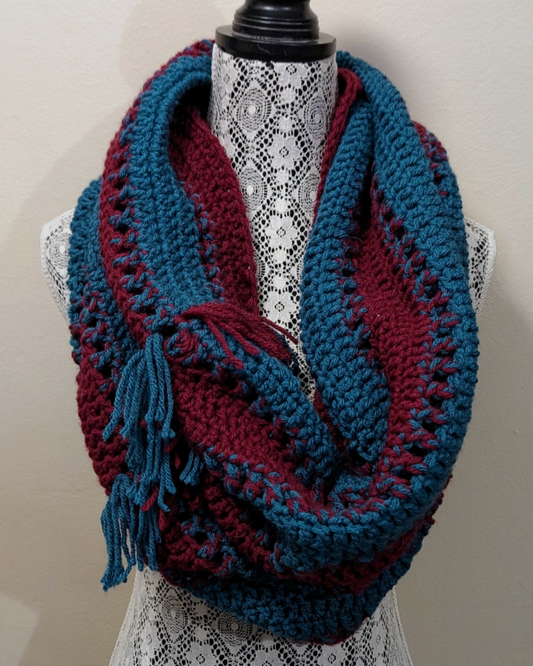 Burgundy and Blue Infinity Scarf with Fringe